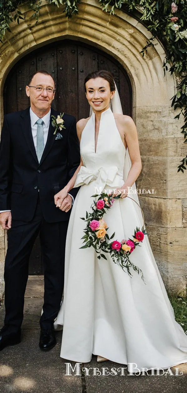 Newest Charming Elegant Simple Halter A-line Long Cheap Satin Wedding Dresses, TYP0099
