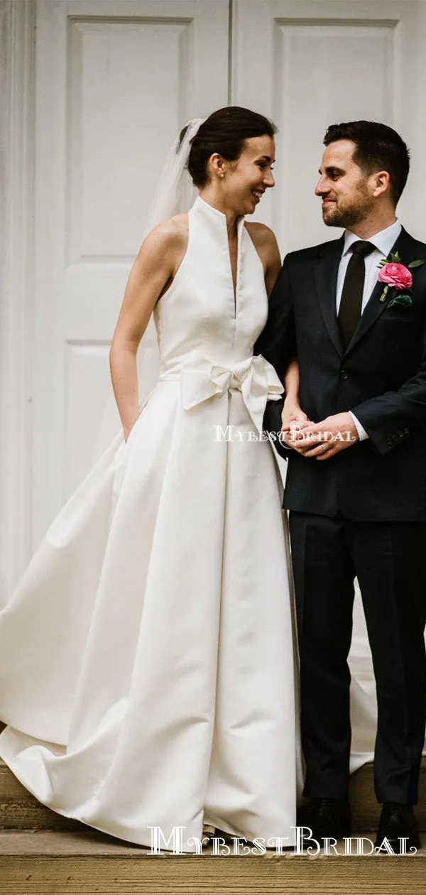 Newest Charming Elegant Simple Halter A-line Long Cheap Satin Wedding Dresses, TYP0099