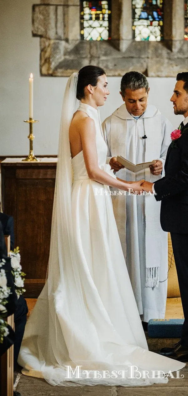 Newest Charming Elegant Simple Halter A-line Long Cheap Satin Wedding Dresses, TYP0099