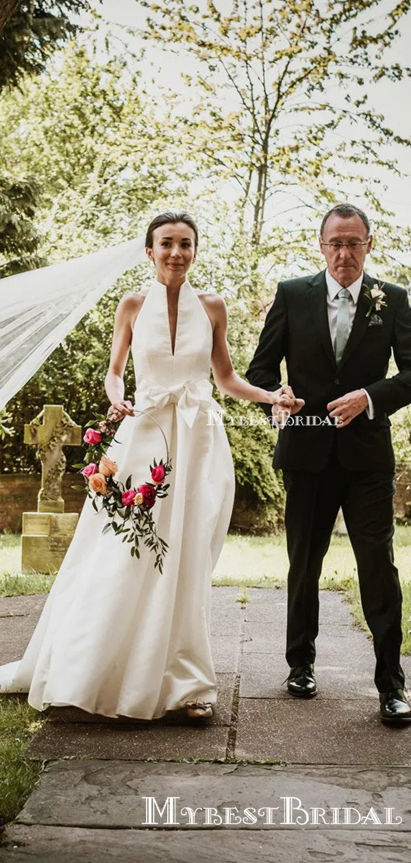 Newest Charming Elegant Simple Halter A-line Long Cheap Satin Wedding Dresses, TYP0099