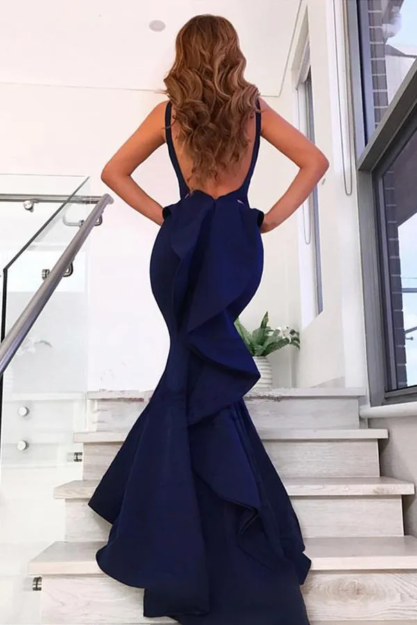 Newest Mermaid Sexy V-Neck Backless Long Prom Dress With Ruffles, PD003
