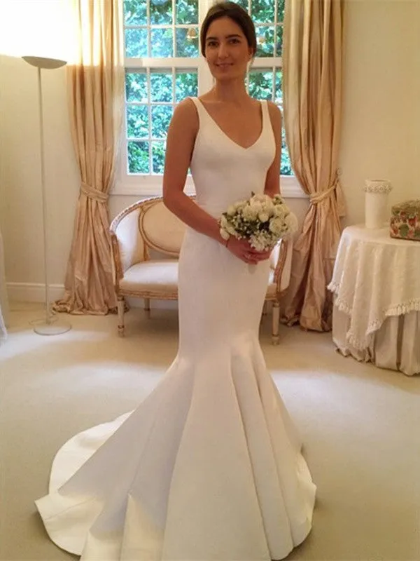 Newest Mermaid V-neck Simple Backless Wedding Dresses With Train, WD0405