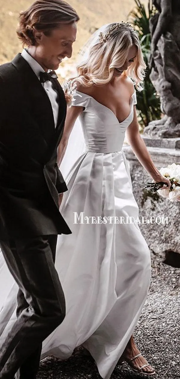 Newest Off-shoulder A-line Side Slit Simple Wedding Dresses. WDS0098