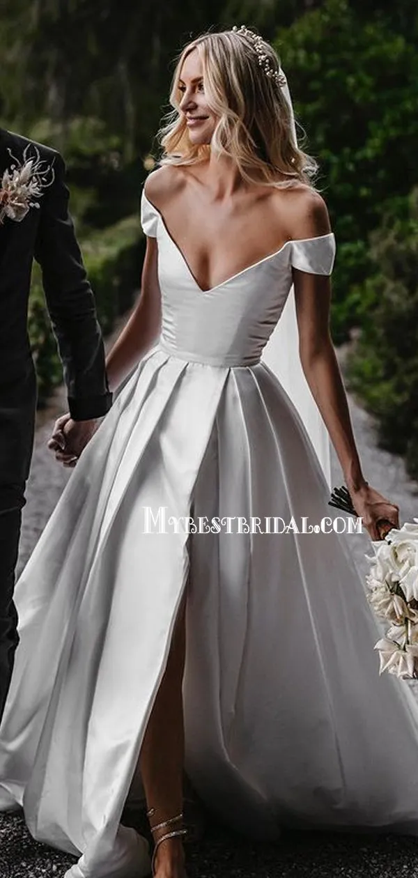 Newest Off-shoulder A-line Side Slit Simple Wedding Dresses. WDS0098