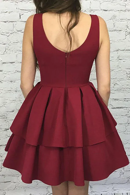 Nice Burgundy Tiered Elastic Satin A-Line Scoop Short Homecoming Dress, SH298