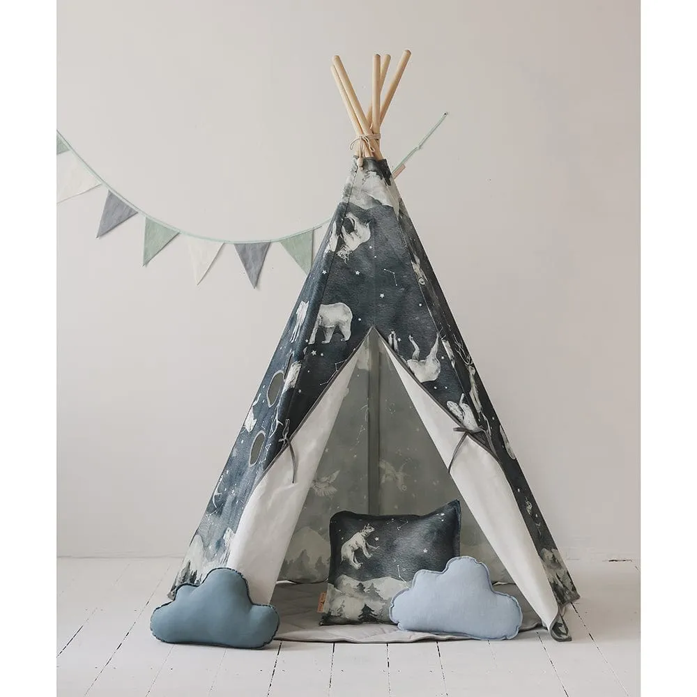 Night Sky Teepee And Mat Set - Navy Blue, White & Grey