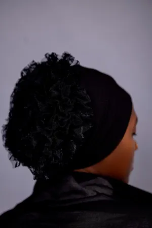 Non-Slip Cotton Hijab under Cap with Built-In Lace Volumizing Scrunchie - Classic Black