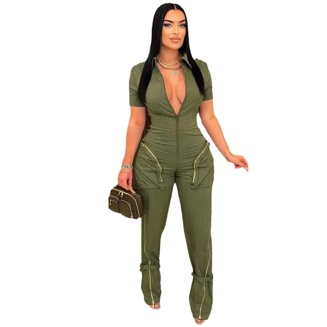 Norah Short Sleeve Zip Front Cargo Straight Leg Jumpsuit