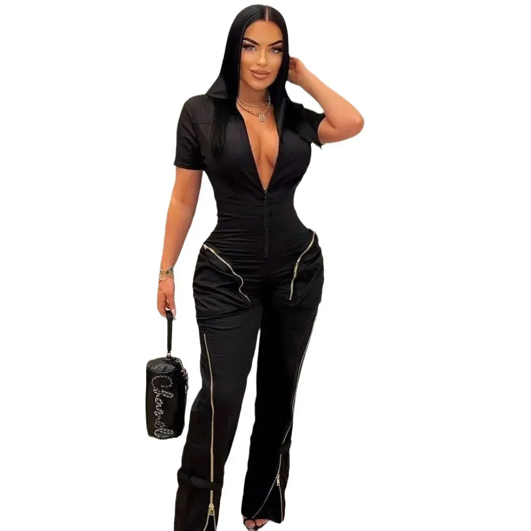 Norah Short Sleeve Zip Front Cargo Straight Leg Jumpsuit