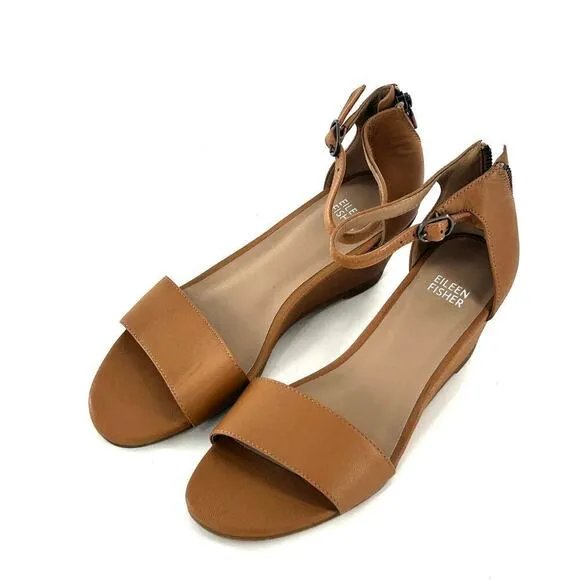 NWOT Eileen Fisher Mara Leather Sandals 8.5 Tan Wedge Women's