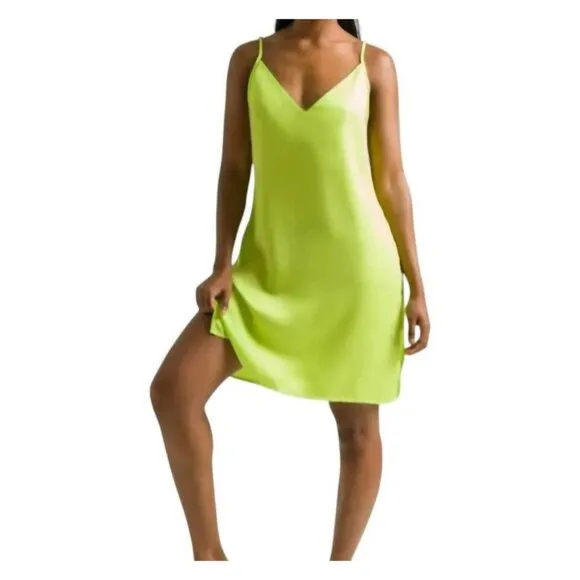 NWOT Ettitude Slip Dress Lime Green Silky Sateen Bamboo Side Slits Size XS