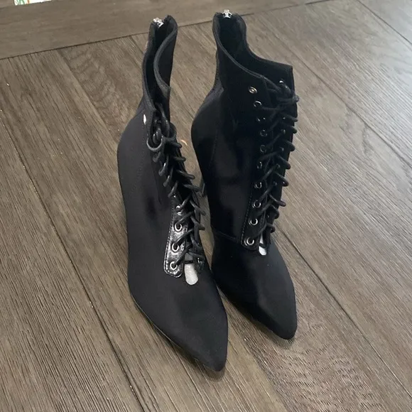 NWT BURJU Naeema Pointed Toe Lace Up Ankle Boots Stiletto Heel | Black |…