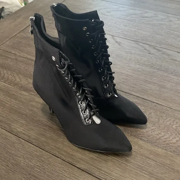 NWT BURJU Naeema Pointed Toe Lace Up Ankle Boots Stiletto Heel | Black |…