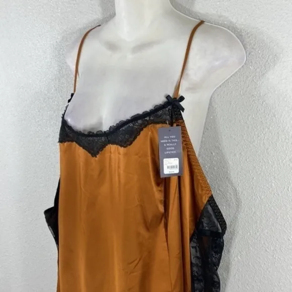 NWT Cacique Cashew Cooper Satin Sheer Lace Side Slip Nightgown 30 32 P31