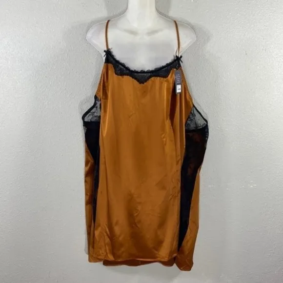 NWT Cacique Cashew Cooper Satin Sheer Lace Side Slip Nightgown 30 32 P31