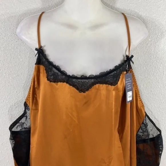 NWT Cacique Cashew Cooper Satin Sheer Lace Side Slip Nightgown 30 32 P31