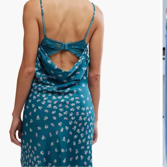 NWT FREE PEOPLE GOSSAMER GLOW MIDI SLIP DRESS/Deep Lagoon Combo