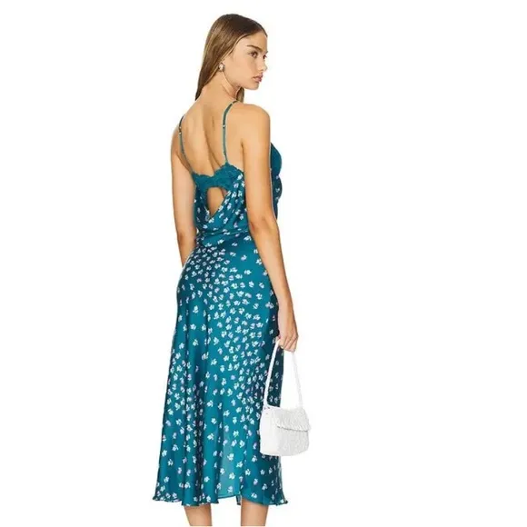 NWT FREE PEOPLE GOSSAMER GLOW MIDI SLIP DRESS/Deep Lagoon Combo