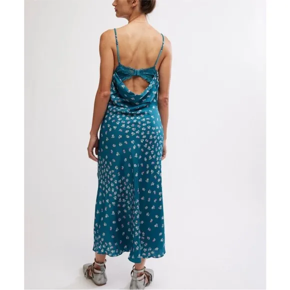 NWT FREE PEOPLE GOSSAMER GLOW MIDI SLIP DRESS/Deep Lagoon Combo