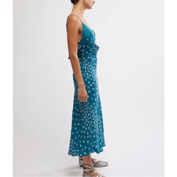 NWT FREE PEOPLE GOSSAMER GLOW MIDI SLIP DRESS/Deep Lagoon Combo