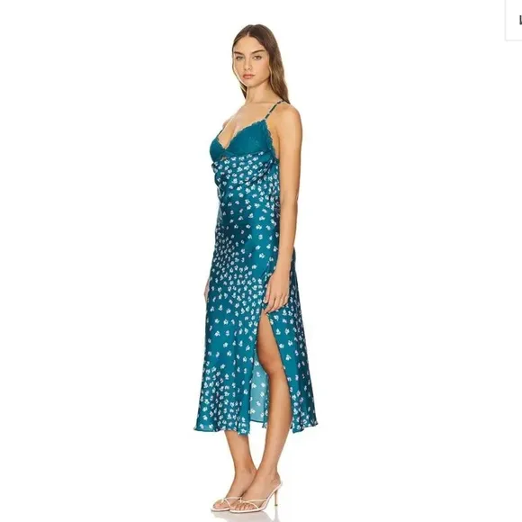 NWT FREE PEOPLE GOSSAMER GLOW MIDI SLIP DRESS/Deep Lagoon Combo