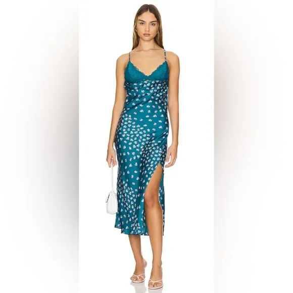 NWT FREE PEOPLE GOSSAMER GLOW MIDI SLIP DRESS/Deep Lagoon Combo