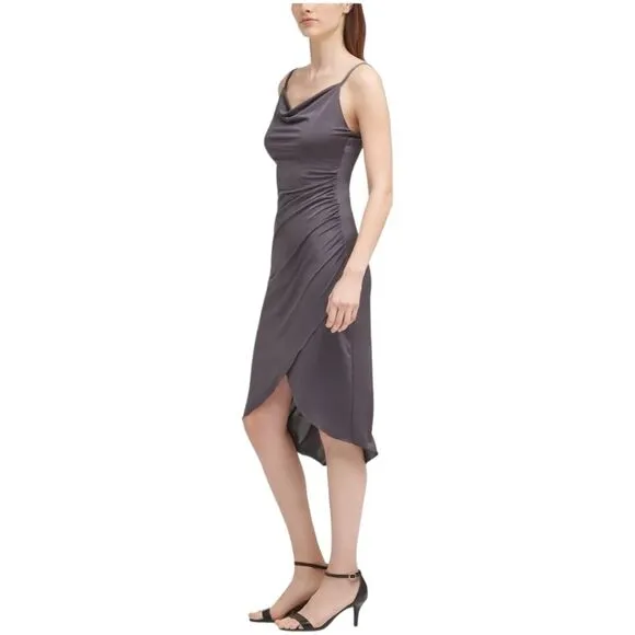 NWT Guess Draped Front Ruched Stretch Midi Faux Wrap Retro Slip Party Dress 12