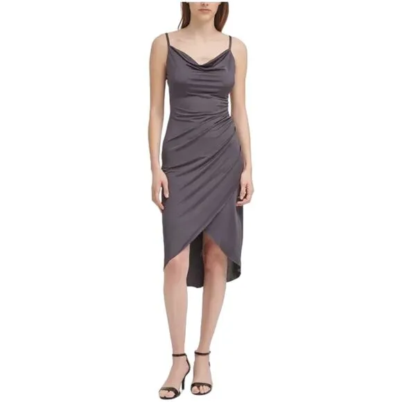 NWT Guess Draped Front Ruched Stretch Midi Faux Wrap Retro Slip Party Dress 12