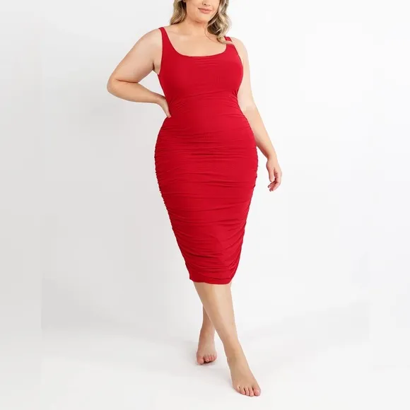 NWT *Pinkish Red Shapellx Organza Mesh Shaping Midi Dress