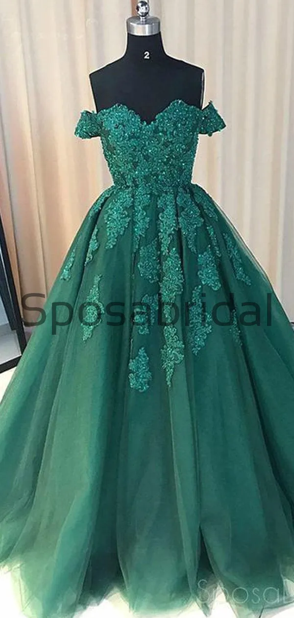 Off Shoulder Emerald Green Lace A line Long Custom Evening Prom Dresses PD2101