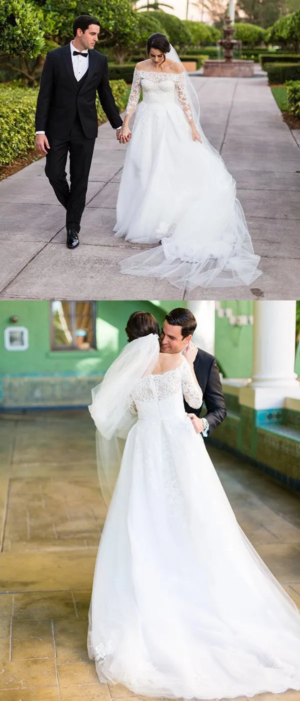 Off-shoulder Long Sleeves Lace Tulle Wedding Dresses With Train, WD0451