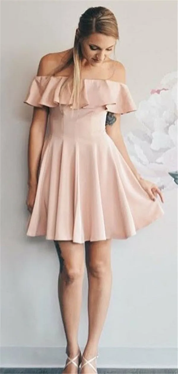 Off-shoulder Simple Chiffon Homecoming Dresses With Ruffles, HD0514