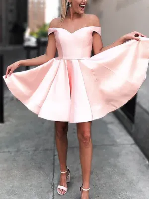 Off-shoulder Simple Pink Satin Lace-up Back Homecoming Dresses, HD0526