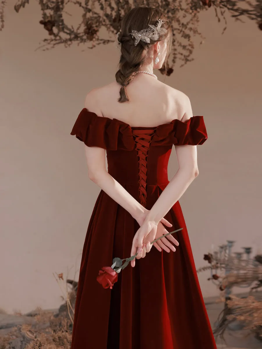Off Shoulder Simple Velvet Long Evening Dress Prom Dress, Dark Red Formal Dresses