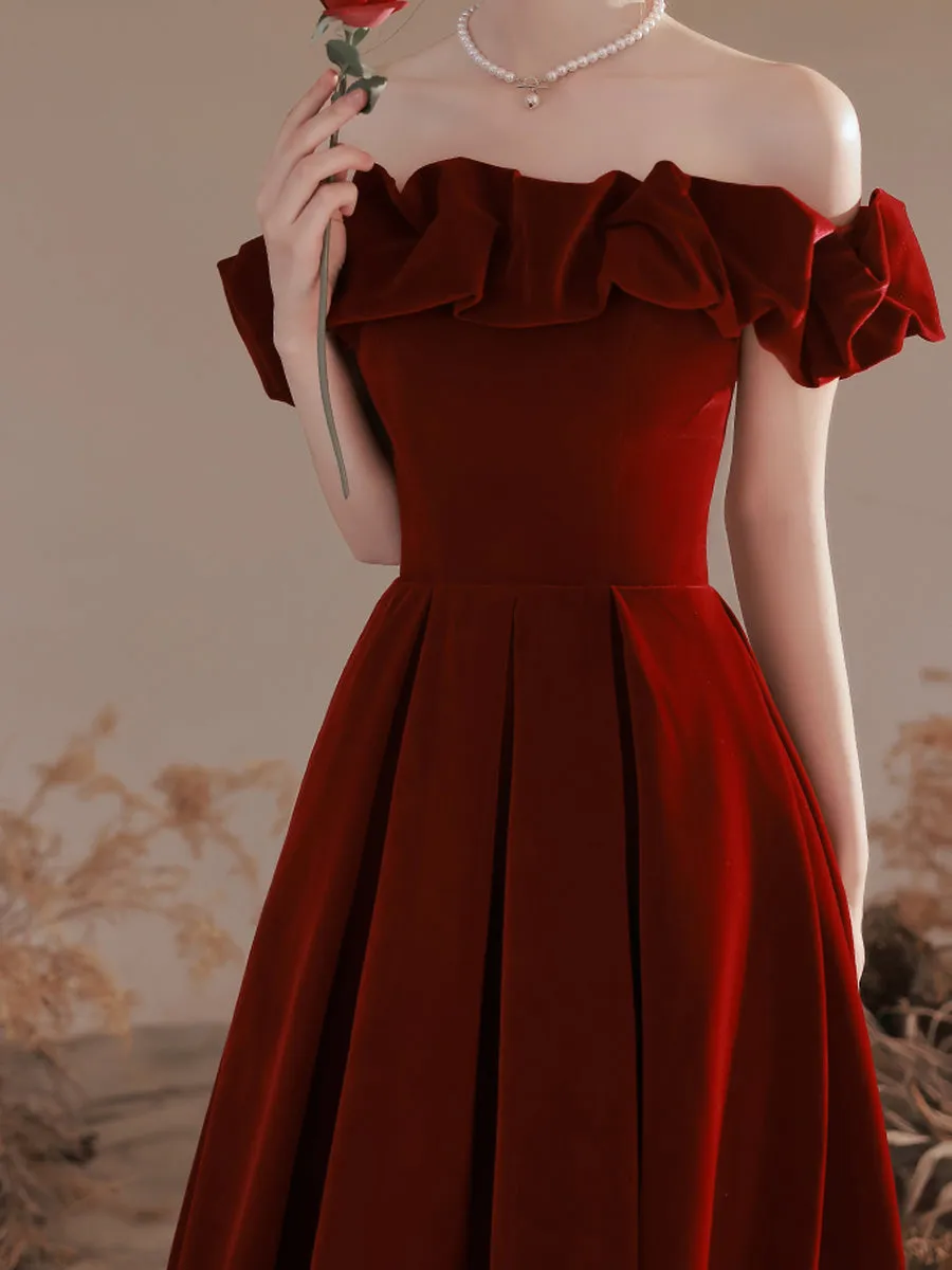 Off Shoulder Simple Velvet Long Evening Dress Prom Dress, Dark Red Formal Dresses