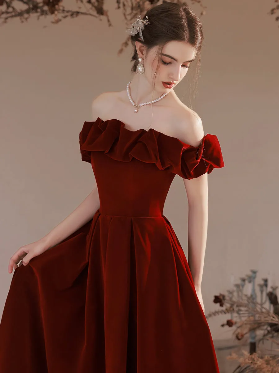 Off Shoulder Simple Velvet Long Evening Dress Prom Dress, Dark Red Formal Dresses