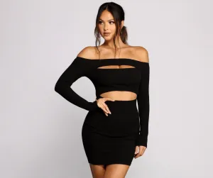 Off The Shoulder Ribbed Graceful Knit Cutout Mini Dress