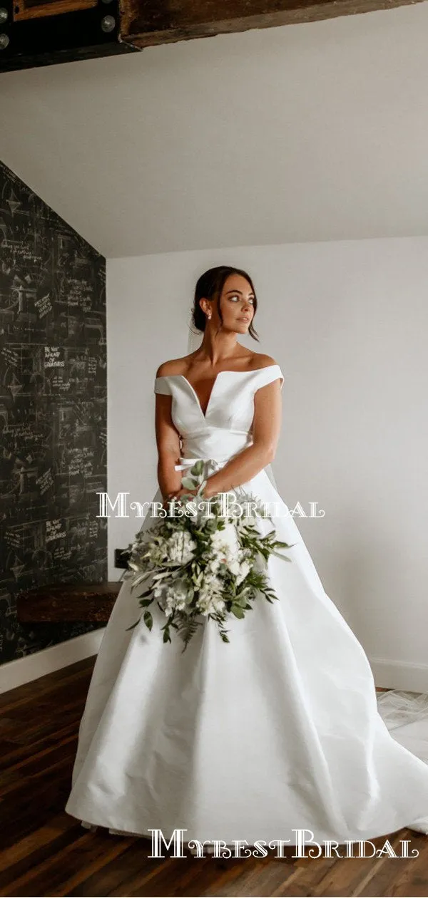 Off-The-Shoulder Simple White Satin Ball Gown Long Cheap Wedding Dresses, WDS0025