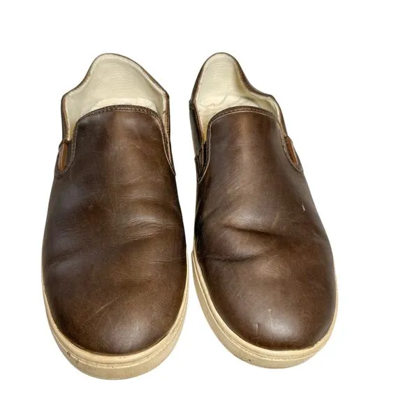 Olukai Kahu 'Ili Waxed Nubuck Leather Slip On Sneaker Dark Wood Brown 10.5
