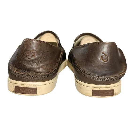 Olukai Kahu 'Ili Waxed Nubuck Leather Slip On Sneaker Dark Wood Brown 10.5