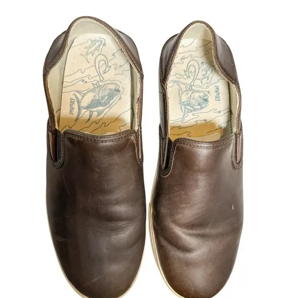 Olukai Kahu 'Ili Waxed Nubuck Leather Slip On Sneaker Dark Wood Brown 10.5