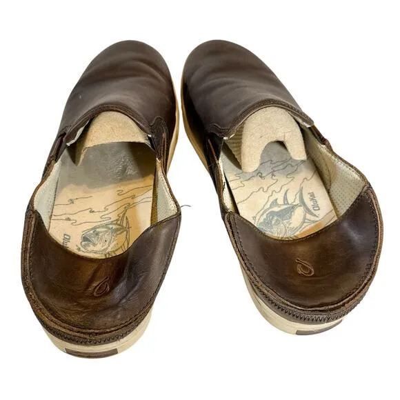 Olukai Kahu 'Ili Waxed Nubuck Leather Slip On Sneaker Dark Wood Brown 10.5