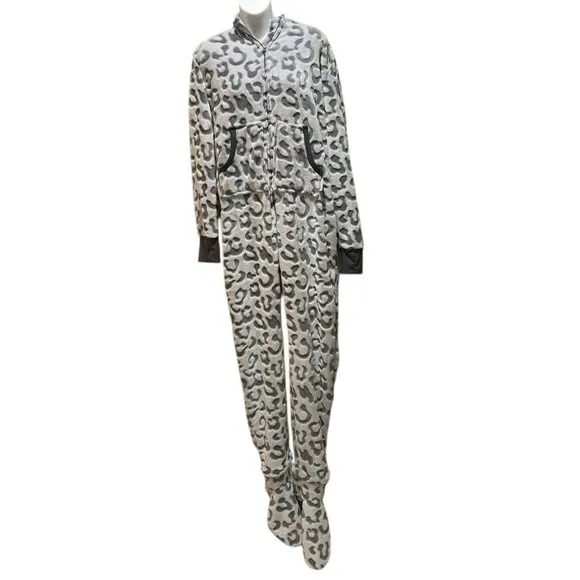 Pajamagram Womens One-Piece Adult Footie Pajamas Hoodie Leopard Zip Front Size M