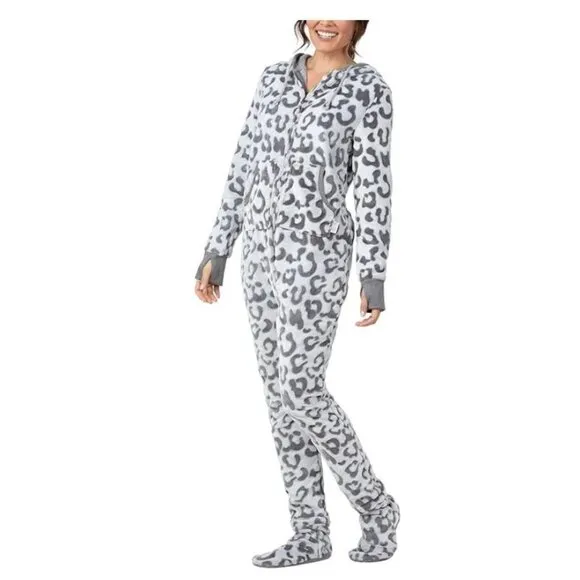 Pajamagram Womens One-Piece Adult Footie Pajamas Hoodie Leopard Zip Front Size M
