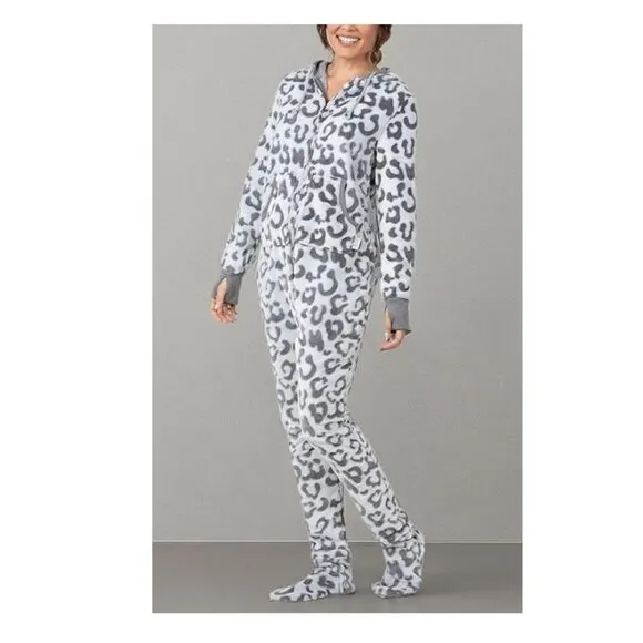 Pajamagram Womens One-Piece Adult Footie Pajamas Hoodie Leopard Zip Front Size M