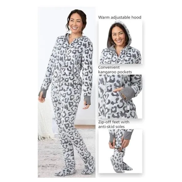 Pajamagram Womens One-Piece Adult Footie Pajamas Hoodie Leopard Zip Front Size M