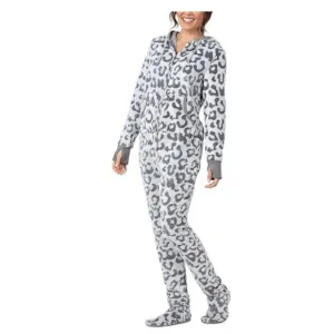 Pajamagram Womens One-Piece Adult Footie Pajamas Hoodie Leopard Zip Front Size M