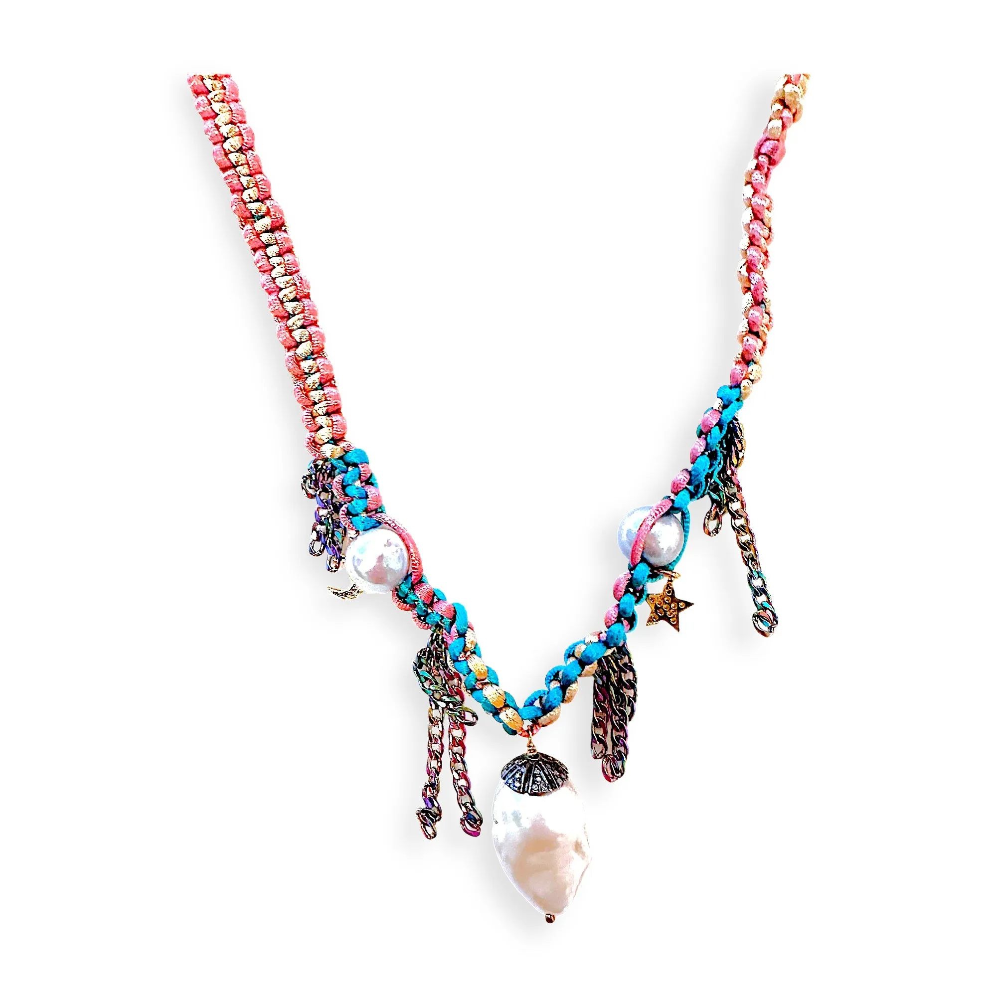 PASTEL DIAMOND DAGGER PEARL LUCKY CHARM SILK ROCKSTAR NECKLACE