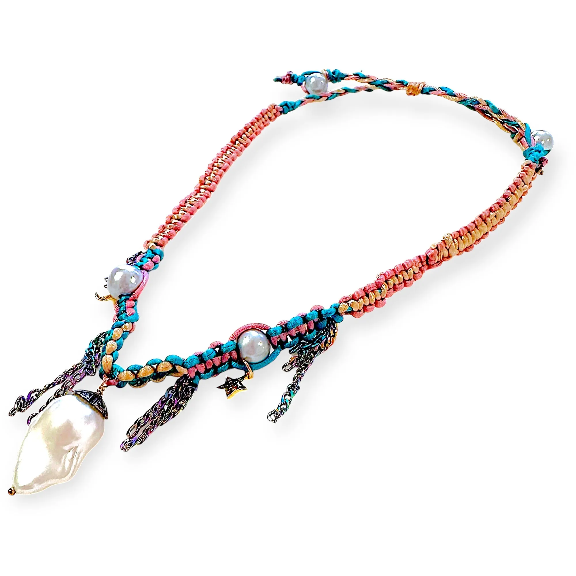 PASTEL DIAMOND DAGGER PEARL LUCKY CHARM SILK ROCKSTAR NECKLACE