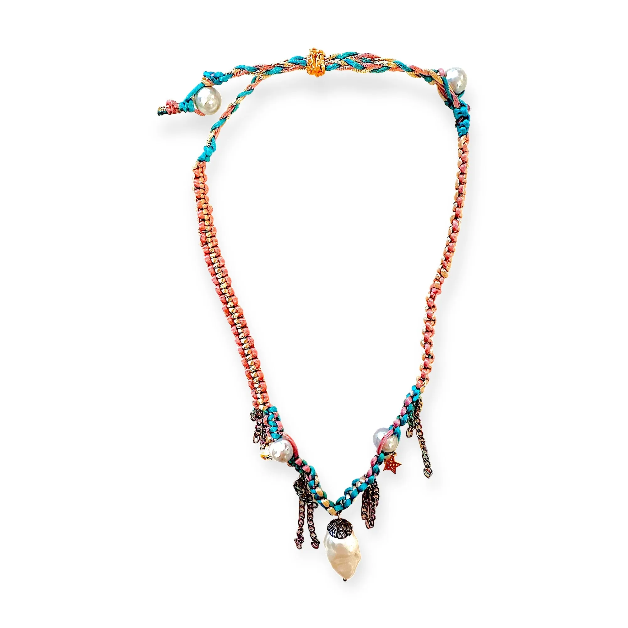 PASTEL DIAMOND DAGGER PEARL LUCKY CHARM SILK ROCKSTAR NECKLACE